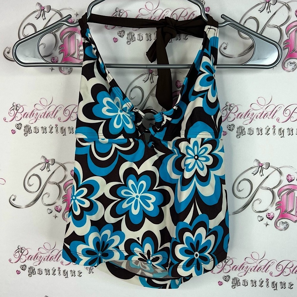Y2K tankini top neon bright flowers retro Floral Blue and Brown Women's Top